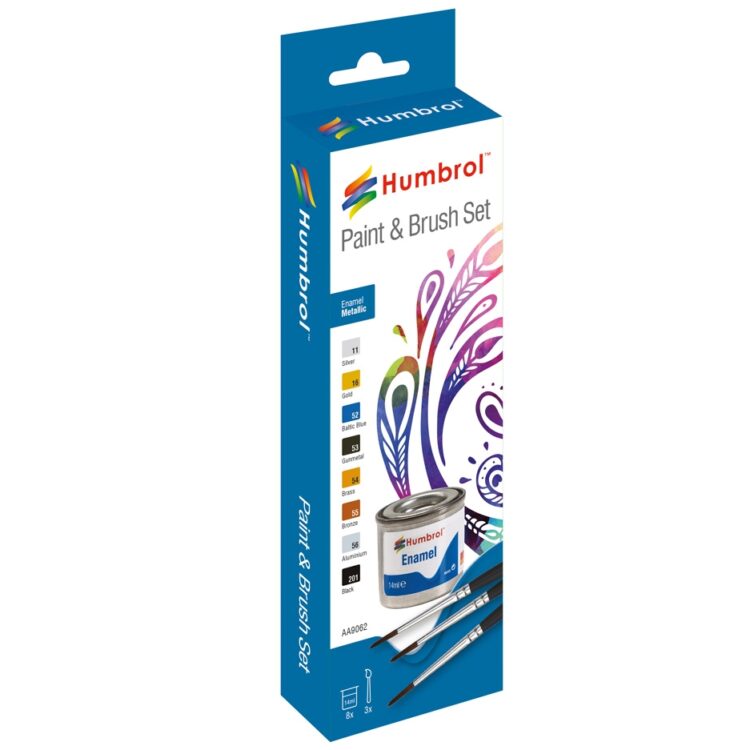 Humbrol Metallic Enamel Paint & Brush Set AA9062 Silver Gold Baltic Blue Gunmetal Brass Bronze Aluminum