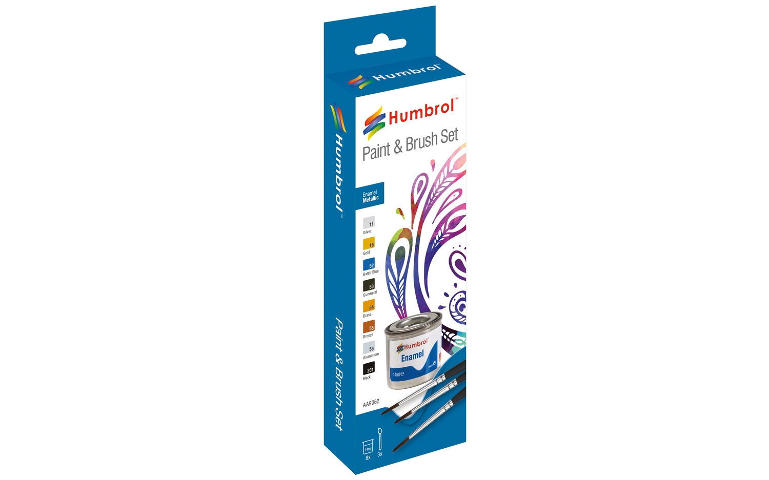Humbrol Metallic Enamel Paint & Brush Set AA9062 Silver Gold Baltic Blue Gunmetal Brass Bronze Aluminum